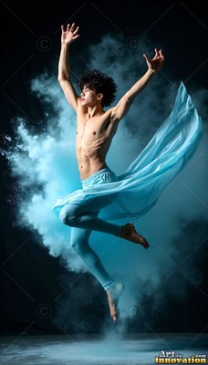 Bare-chested in light blue leggings, a man leaps through blue powder in a dark studio