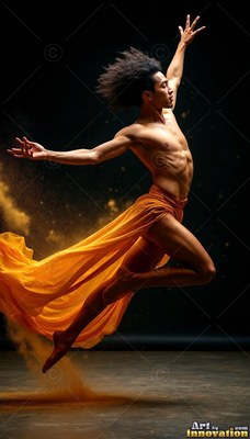 A shirtless man leaps midair with flowing orange fabric trailed by yellow dust