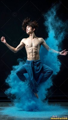 Leaping midair in a dark studio, a shirtless man rises through blue powder dust