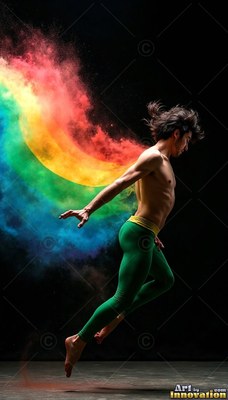 A shirtless man in green tights leaps through a cloud of rainbow powder