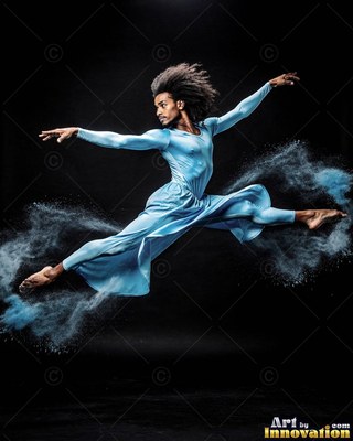 Leaping through a dark studio, a man in light blue leaps amid powder clouds
