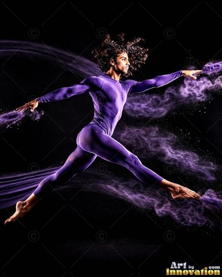 In a dark studio, a man leaps through purple powder wearing a purple bodysuit