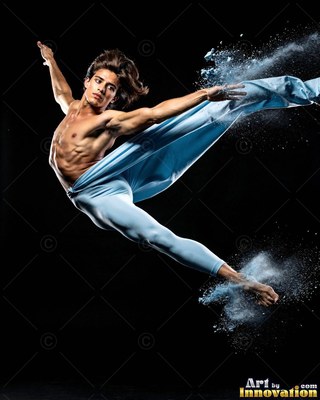 Light blue tights wrap a shirtless man leaping through powdered blue dust in a black studio