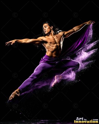 Against a black studio, a shirtless man leaps in purple tights with powder flying