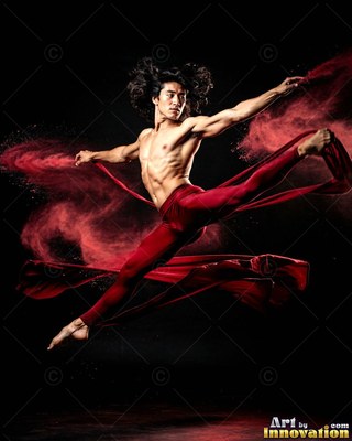 Leaping midair in red tights, a shirtless man splits his legs in dark studio light
