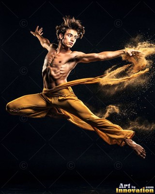 Wearing loose yellow pants in a dark studio, a shirtless man leaps while tossing fine brown powder