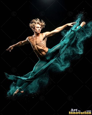 Leaping midair in a dark studio, a shirtless man kicks through teal powder