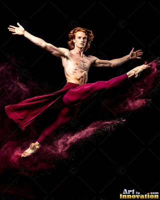 A shirtless man leaps in maroon tights over a cloud of red powder