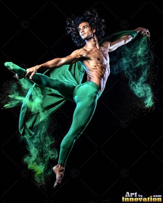 Man leaping midair in green tights with green powder cloud
