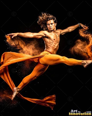 In a dark studio, a man leaps through clouds of orange powder