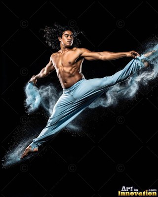 Leaping in a split, a bare-chested man kicks light blue powder into the dark air