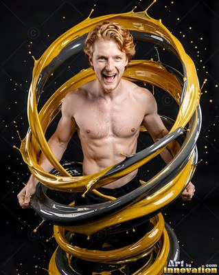 Facing forward in a dark room, a shirtless man yells inside yellow paint swirls