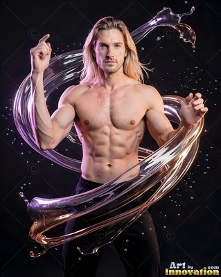 A shirtless blond man stands with thick clear liquid splashing around him in a spiral against black