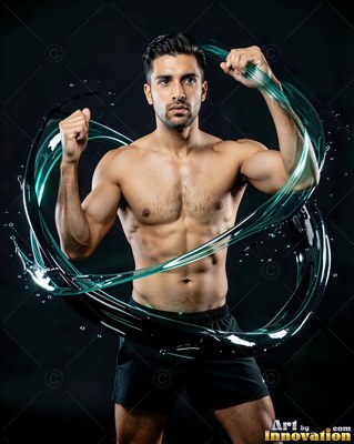 A shirtless man poses in black shorts as a stream of dark teal water loops around his body