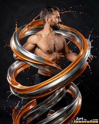 A shirtless man stands surrounded by spiraling swirls of silver and caramel liquid