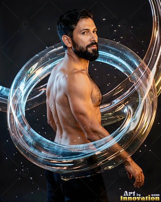 In a dark studio, a shirtless bearded man stands encircled by a spiral of clear water