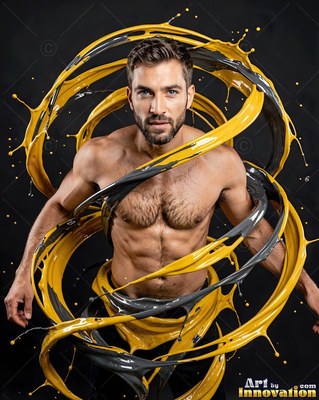 A shirtless man encircled by swirling yellow and gray paint splashes