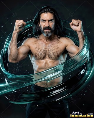 Shirtless muscular man raising his fists inside swirling teal water