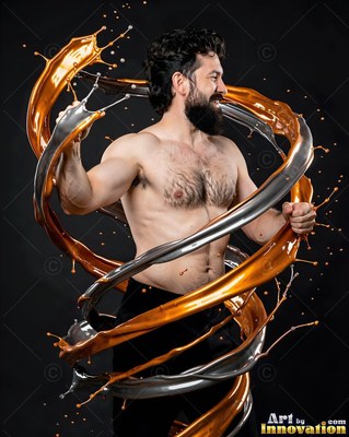 A smiling bearded man turns inside swirls of shiny silver and copper liquid
