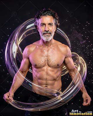 Standing shirtless, a muscular gray-bearded man is encircled by clear glass rings