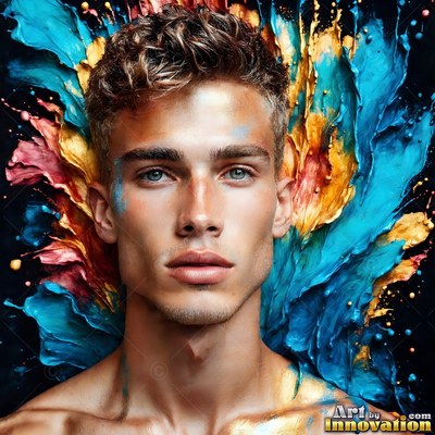 A shirtless man faces forward as thick blue, yellow, and red paint splashes behind his head