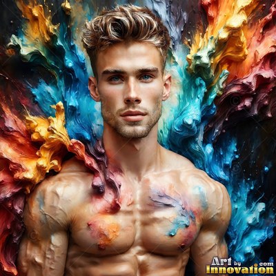 A shirtless man stands against thick splashes of blue and orange paint