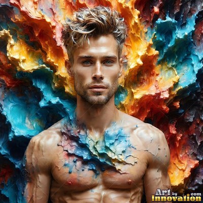 Against swirling blue and orange paint, a shirtless man stares forward