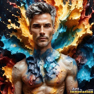 Facing forward, a shirtless man is surrounded by splashes of yellow and blue paint