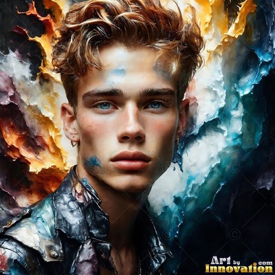 A young man with wavy hair before thick blue and gold paint