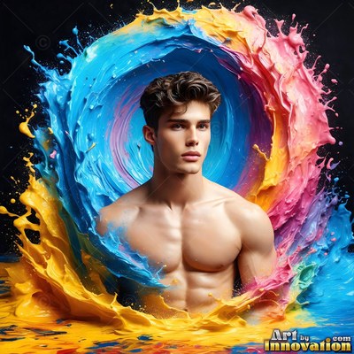 Dark wavy hair frames a shirtless man surrounded by swirling blue and yellow liquid splashes