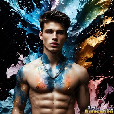 A shirtless man stands as blue and gold paint splashes behind his chest in the dark studio light