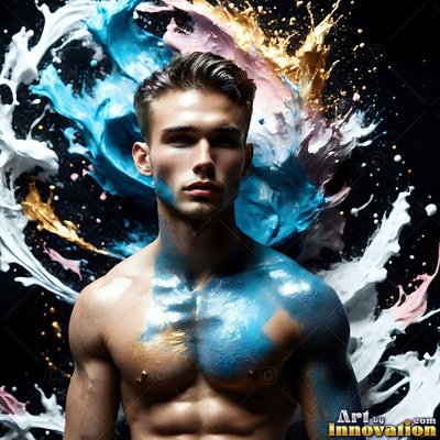 Facing forward in a dark studio, a shirtless man is splashed with blue and gold paint