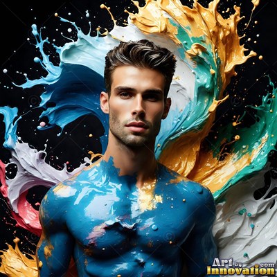 A shirtless man covered in blue paint with swirls of yellow and white splashing behind him