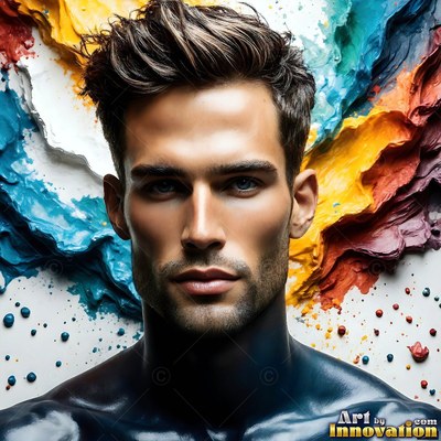 Against splashes of blue and yellow paint, a shirtless man stares forward