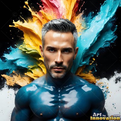 Staring forward, a man coated in wet blue paint poses before splashes of yellow and teal