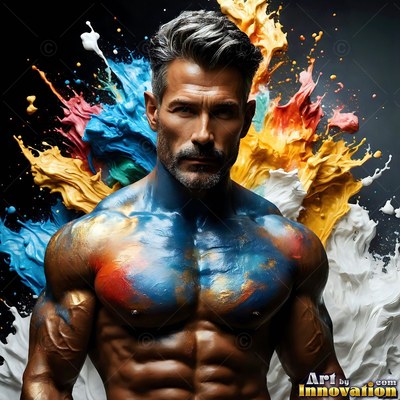 Muscular shirtless man covered in blue paint with colorful splashes behind him