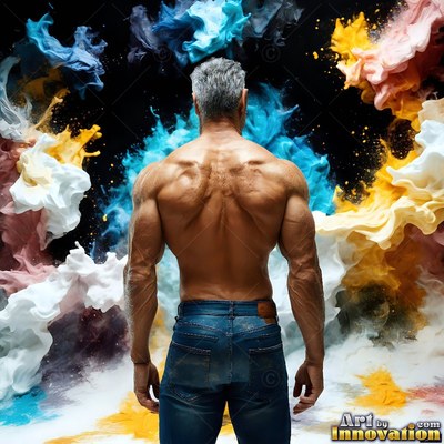 A muscular man in blue jeans stands facing away from view before bursts of blue and yellow powder