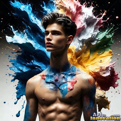A shirtless man turns his head as thick blue and yellow paint bursts behind him