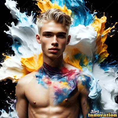 Facing forward in a studio, a shirtless man is surrounded by thick blue paint