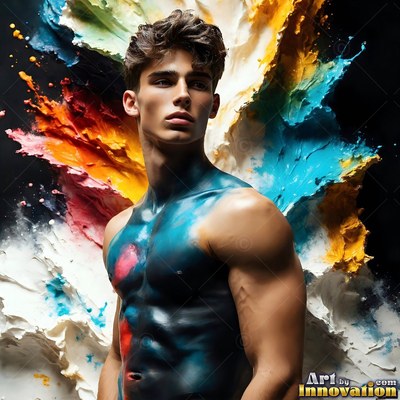 A shirtless man painted blue on his chest stands before thick splashes of color