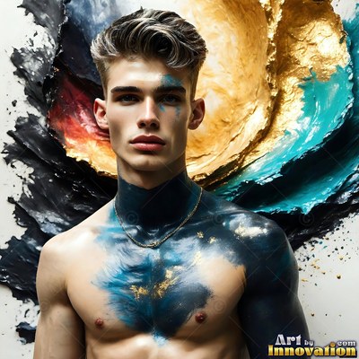 Facing forward, a shirtless man has dark blue and gold paint brushed across his chest