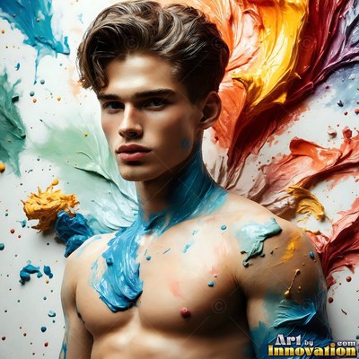 Shirtless young man with blue paint on his neck and chest