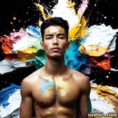 Gold paint dusts the chest of a shirtless man against splatters of colorful thick paint on black