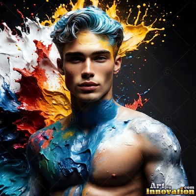 A shirtless man faces forward as thick blue, white, and yellow paint splashes around him