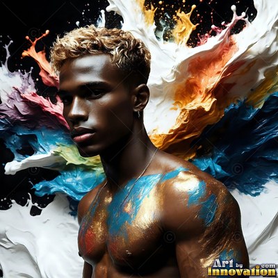 Turned to the side in a dark studio, a man stands before blue and gold paint