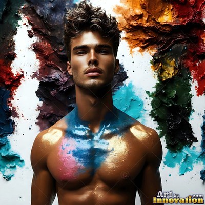 A shirtless man has blue and gold paint smeared on his chest by a colorful wall