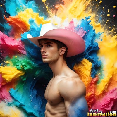 In a splash of yellow and blue powder, a shirtless man turns in a cowboy hat