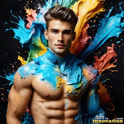 Standing bare-chested, a man is covered in splashing blue and yellow paint on a dark backdrop