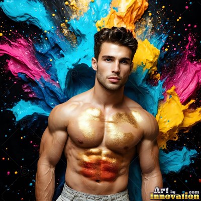 Muscular man with gold body paint by colorful paint splashes