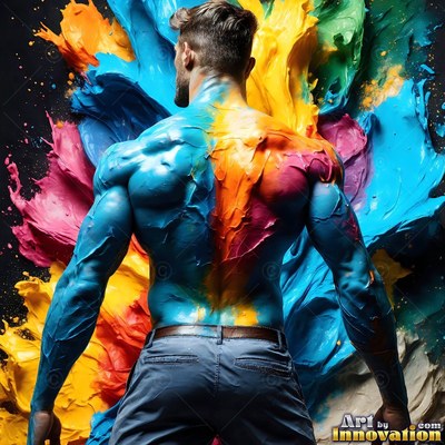 Blue paint covers the muscular back of a man standing before splashed colors